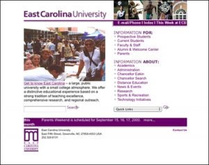 The ECU web page redesign will include changes in keeping with constantly evolving best practices in web design. This August 2000 screenshot shows how the ECU home page appeared a little more than 10 years ago.