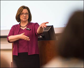 American Medical Association representative Susan Skochelak speaks to a gathering of ECU professors engaged in the REACH program (Redesigning Education to Accelerate Change in Healthcare).