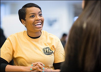 Volunteer Tiyuana James-Hinton participates in discussion as one of Joyner Library's human books.