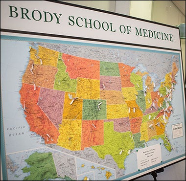 A map marks where Brody graduates have accepted residencies from 2004 through 2013.