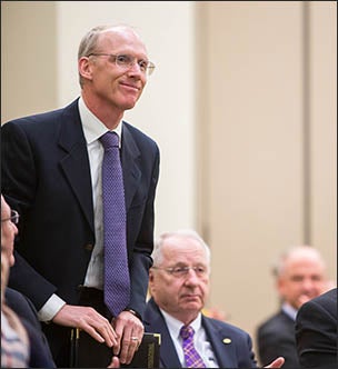 Dr. Michael Van Scott is recognized at the ECU Board of Trustees meeting April 25.