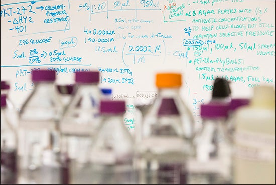 A chalkboard in a bio-engineering lab shows the formulas and equipment used in the ECU classroom.