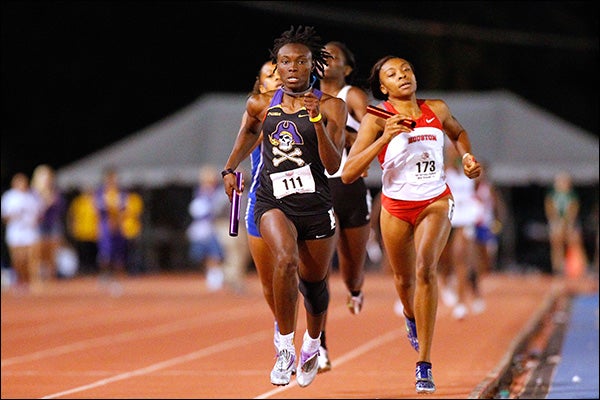 Pictured above is ECU junior Tyshonda Hawkins from Goose Creek, S.C. Hawkins set a new school record April 5 by finishing the women's 200-meter dash in 23.41 seconds.