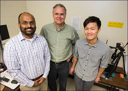 Researchers pictured are, left to right, ECU biology professor Chris Balakrishnan, biology chair Jeffrey McKinnon and biology Ph.D. student Lenny Yong.