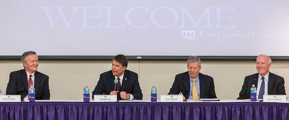 Governor Pat McCrory visited ECU on Monday to discuss the Connect NC bond act, which goes before voters on March 15. (Photos by Cliff Hollis)