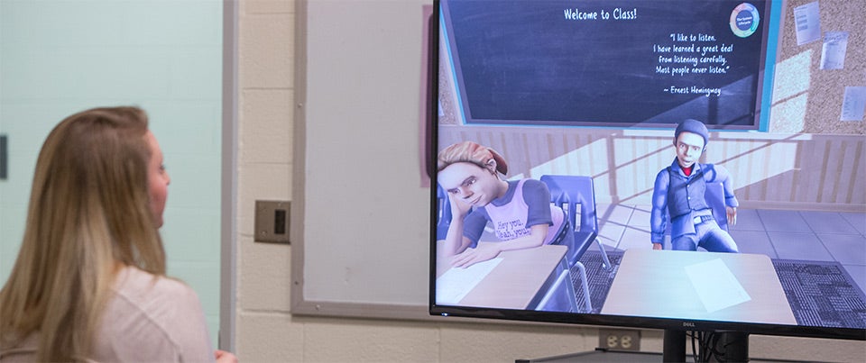 Below: TeachLive is a new virtual classroom teacher preparation tool that the College of Education will incorporate into classroom management undergraduate courses. 