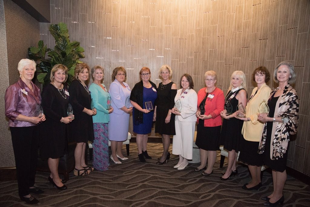 The college of Nursing inducted 10 new members into its Hall of Fame and honored its 2017 Distinguished Alumni Award recipient on Saturday, April 1, 2017, at the Hilton Greenville. From left, Polly Johnson, Genemarie McGee, Debra Pomeroy, Sharon Overton, Donna Montana-Rhodes, Linda Hofler, Dean Sylvia Brown, Donna Gardner, Jean Matthews, Jayne Holland, Sonya Hardin and Mary Holland. (Photos by Conley Evans)