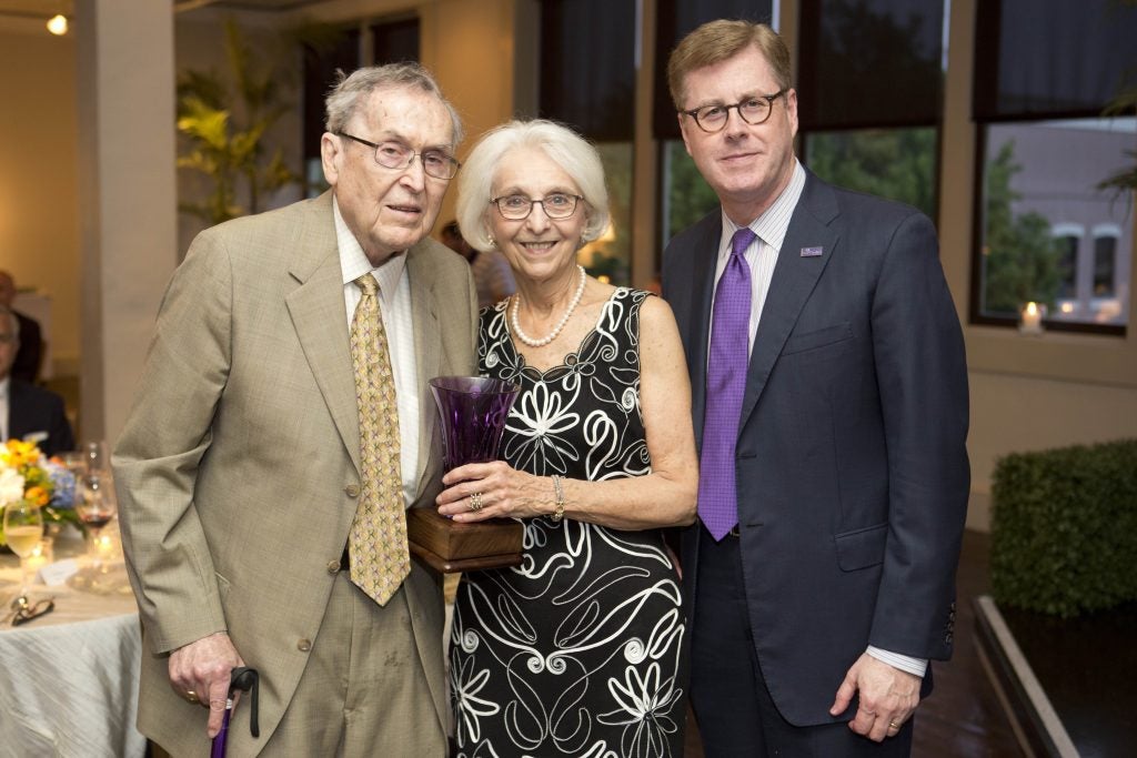 Drs. Bill McConnell (left) and Mary Raab accept the Chancellor’s Amethyst from Chancellor Staton. 