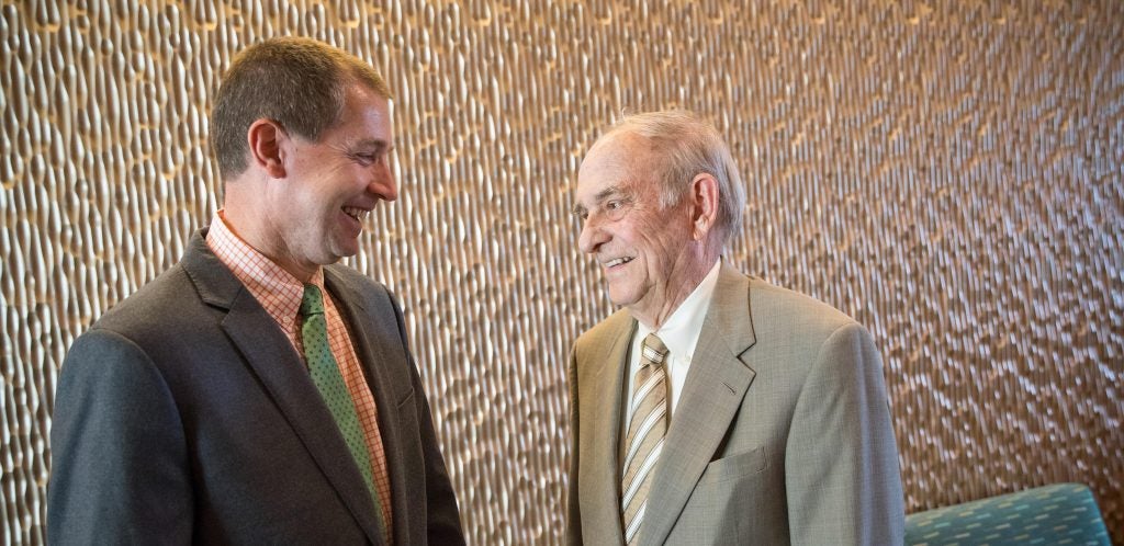 (Dr. Jonathon Firnhaber (left) shares a laugh with Max Ray Joyner, Sr. Firnhaber is now the Max R. & Catherine S. Joyner Distinguished Professor in Primary Care Medicine.) (Photos by Cliff Hollis) 