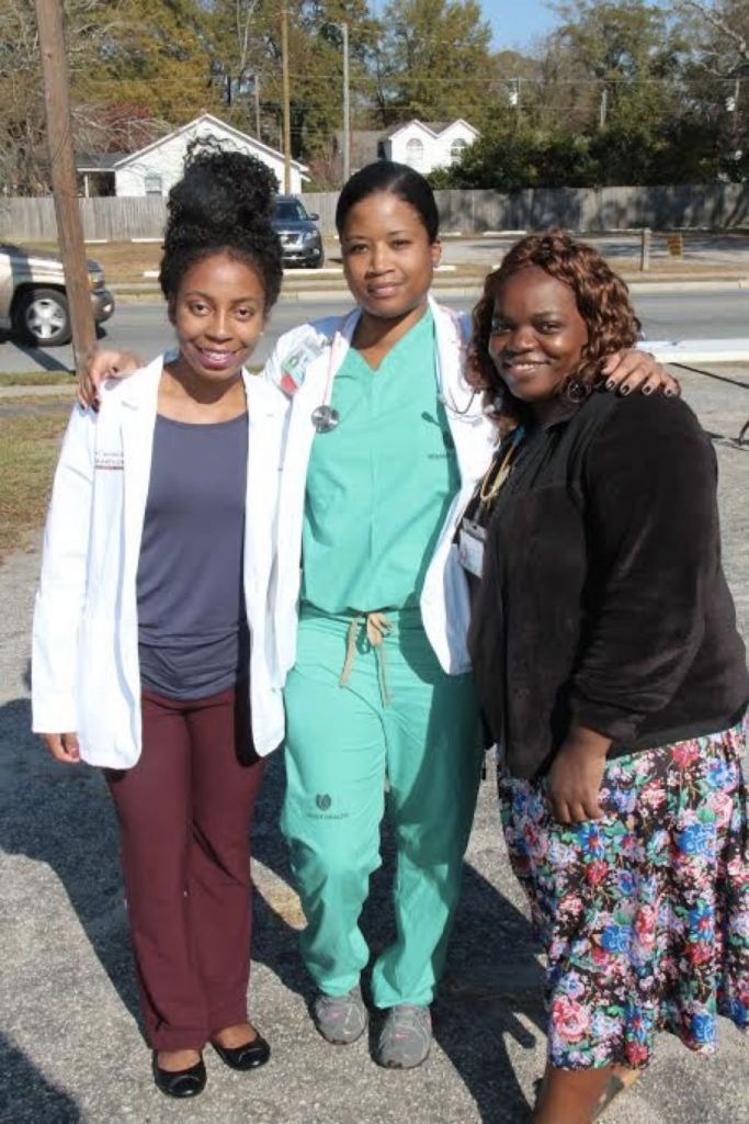 From left, Brody SNMA president Ebone Evans with members Jackie Watson and Consola Esambe Lobwede during Hurricane Matthew relief efforts. (contributed photo)