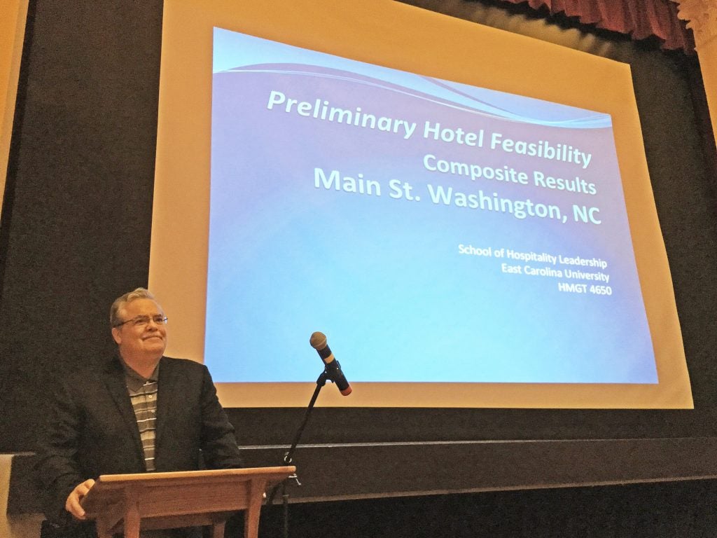 Dr. Bob O’Halloran presents feasibility study findings on Hotel Louise in Washington, North Carolina.