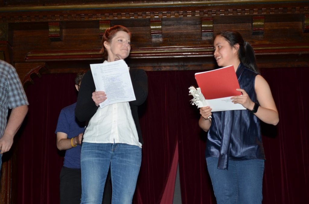 In Folger's theatre students acted out a scene from Thomas Middleton's play, "The Roaring Girl.”