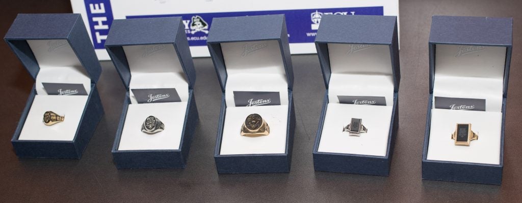 Two of the three ECU Official Ring Collection designs.