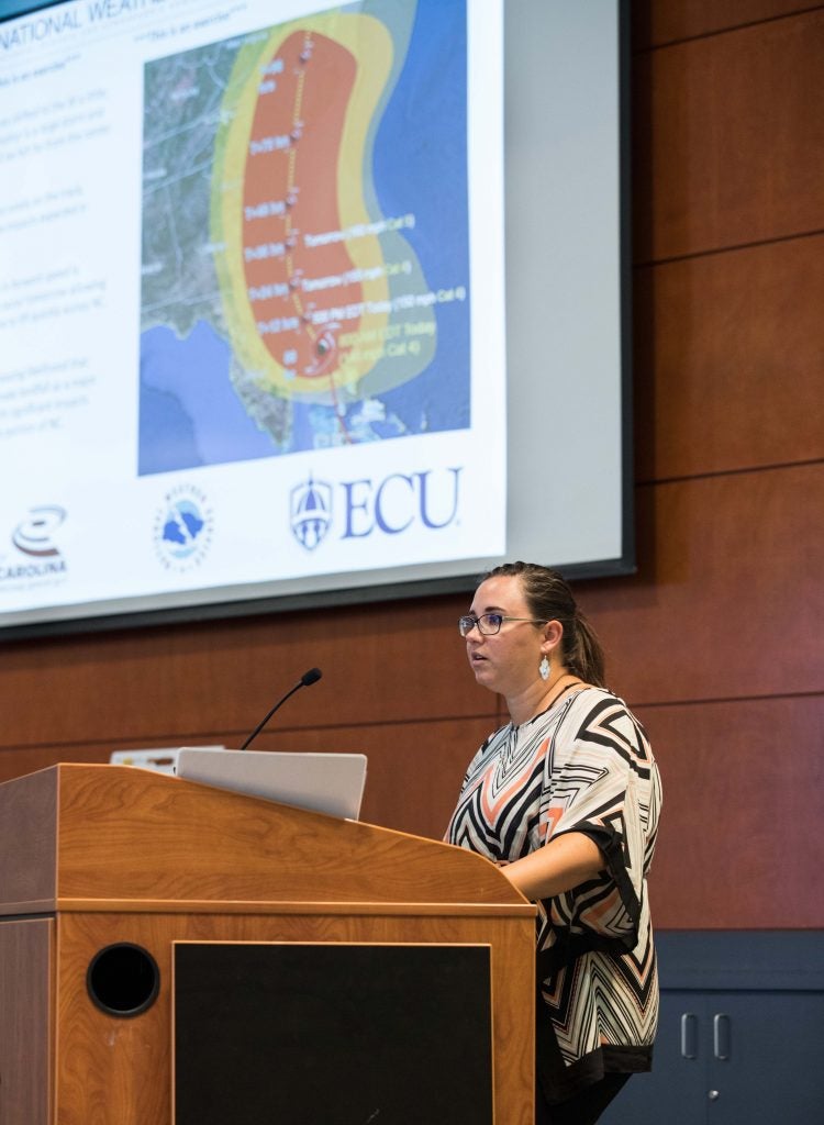 ECU emergency planner Lauren Mink facilitates the Hurricane Zephyr exercise on Oct. 16. (Photo by Rhett Butler) 