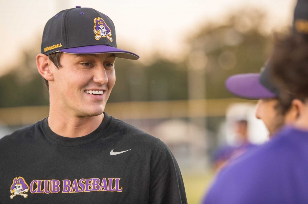 Although he’s a professional ballplayer now in the Astros organization, Duncan continues to show off his pride for the ECU Club Baseball team. (Photo by Cliff Hollis)
