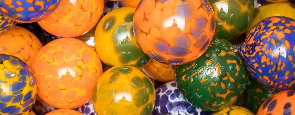 Hand-blown glass ornaments have been made by ECU glassblowing instructor Mike Tracy for the Dec. 9 holiday sale. (Photos by Cliff Hollis) 