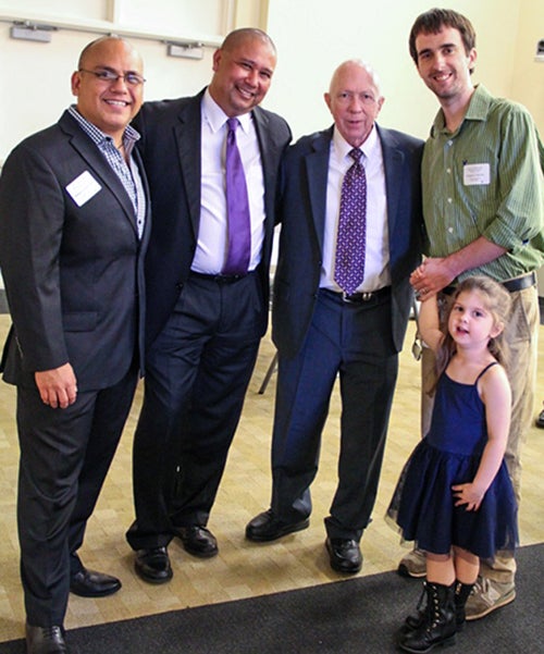 From left to right: William Koch, Gomez, DuVall, Gregory Parrish and his daughter Marley pose after the awards ceremony. Koch and Parrish are the first recipients of the Dr. Barry DuVall/Timothy M. Gomez Teacher's Choice scholarship.