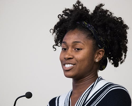 SGA Vice-President, Janae Brown, presents a student-produced video, EC United, during the board’s lunch discussion on Thursday, Nov. 10.