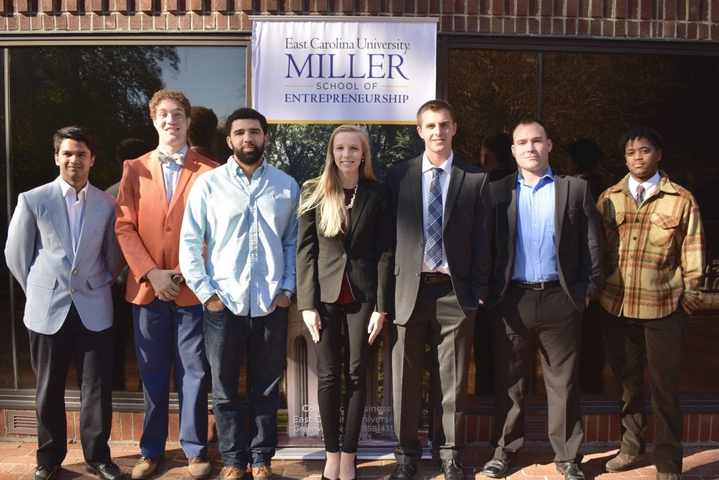 Second-round winners of the Pirate Entrepreneurship Challenge include, from left to right, Magus Pereira, Paul Safrit, Jordan Rice, Taylor Hicks, Nick Walden, Matt McCall and Victor Still. (contributed photos)