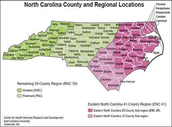 A slide from Dr. Paul Cunningham's presentation to the pastors demonstrates the disparities in health care in Eastern North Carolina. Health in 41 eastern counties (shown in pink and dark pink) is worse than the rest of the state. Health in the 29 counties illustrated in dark pink is the poorest of all.