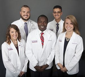 Second-year medical students participating in Brody’s new Healthcare Transformation and Leadership Distinction Track are (from left) Paige Driver, Zachary Williams, Ismail Kassim, Taj Nasser and Elizabeth Ferruzzi. (Photo by Gretchen Baugh)