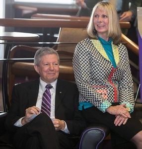 Chancellor Steve Ballard and his wife Nancy smile in response to remarks given at Tuesday’s reception to discuss ECU’s past accomplishments and future.