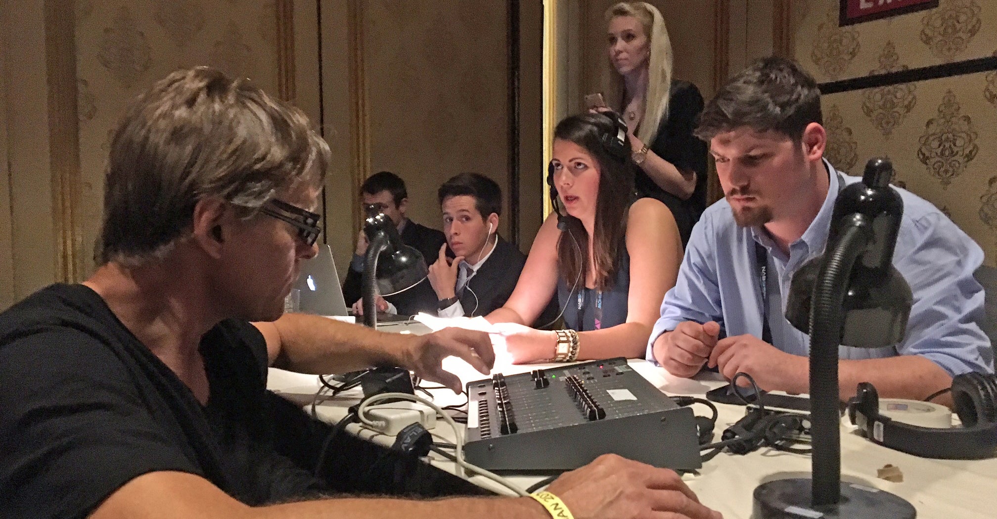 ECU students Ashley Boles (seated, center), Madison Hawkins (standing) and Tyler Bailey (seated to Boles’ right) worked with on-site personnel to produce the “Best of Festival” awards ceremony at the Broadcast Education Association convention in Las Vegas this past weekend.