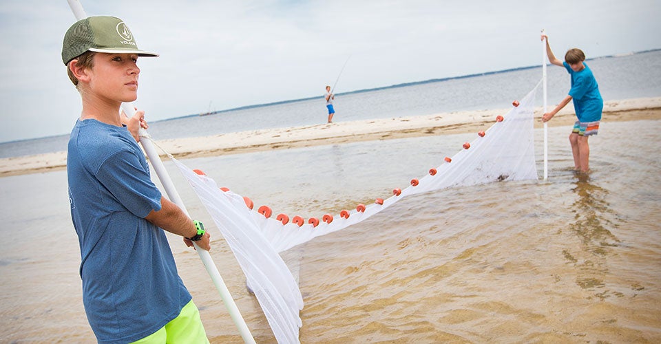 Noah Goetsch, 13, of Nags Head (foreground) and Olan Downing, 14, of Kill Devil Hills use a seine net to catch fish and crabs for examination during the Coastal Studies Institute summer camp.