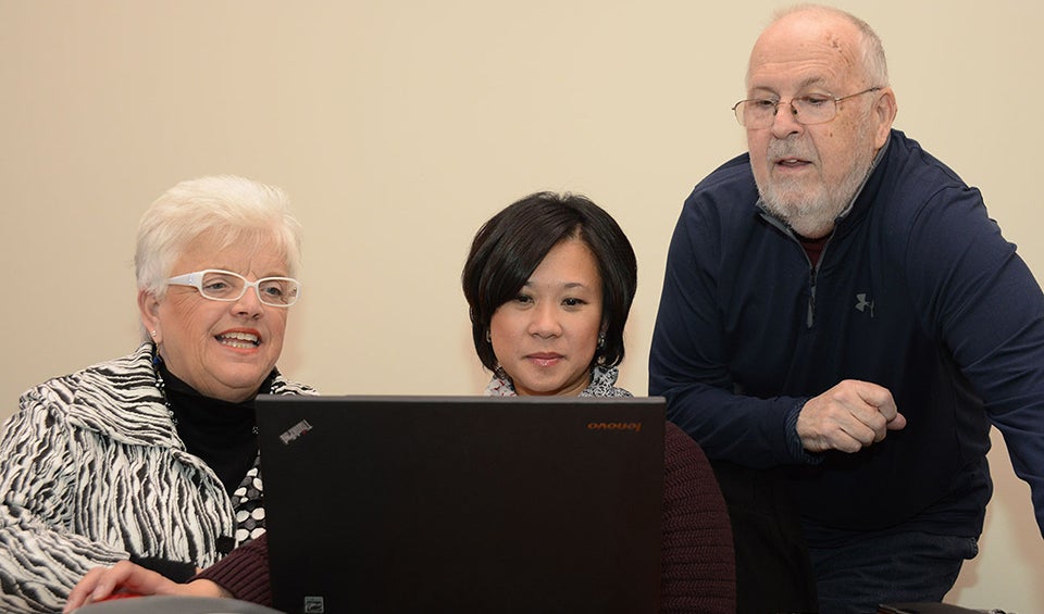 Dr. Elaine Scott, director of ECU's PhD program in nursing, meets with Versant Center for the Advancement of Nursing President Larissa Africa and Dr. Mel Swanson, chief statistician for the College of Nursing. (Photo by Conley Evans)