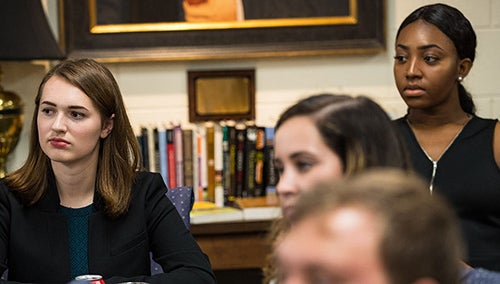 ECU students listen as Bob Woodward talks about his 45-year career at The Washington Post.