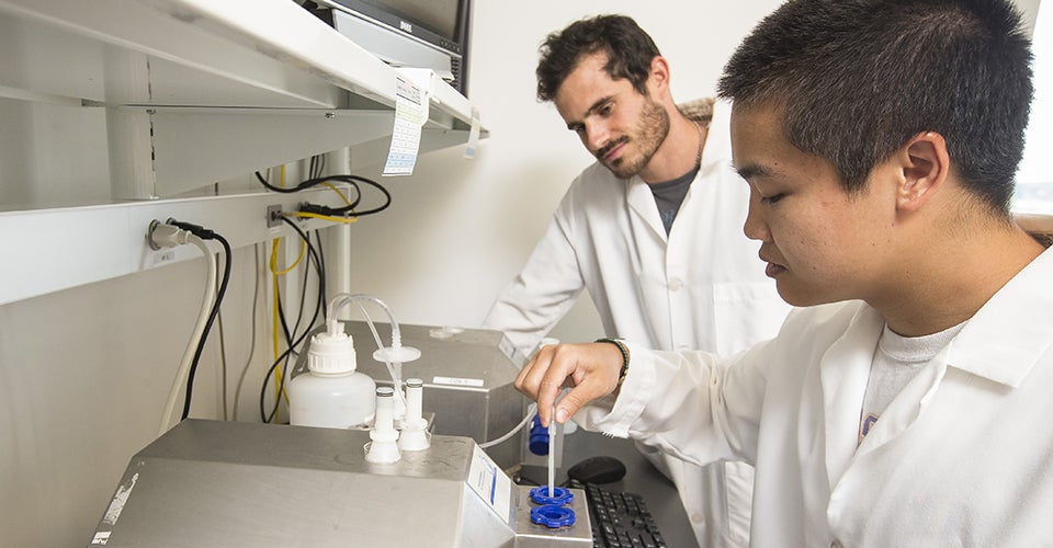 ECU graduate student Rick Alleman, left, and medical student Alvin Tsang work in the lab.