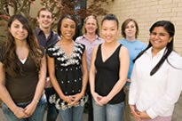 2008 Schweitzer Fellows from ECU are, front row, from left, Nancy Shinouda, Ashley Alexander, Ying Zhang and Anita Unnithan. Back row, from left, Brandon Yarns, Laura Wolfe and Brandy Edwards. Photo by Cliff Hollis