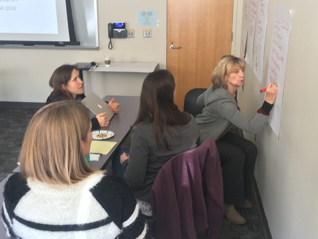 Dr. Jeannine Golden (left), associate professor of psychology at East Carolina University, leads a small group in analyzing adolescent physical activity behaviors at the Health Behavior Research Cluster meeting Thursday. The meeting introduced the cluster –one of seven current pan-university research clusters at ECU – to faculty members.