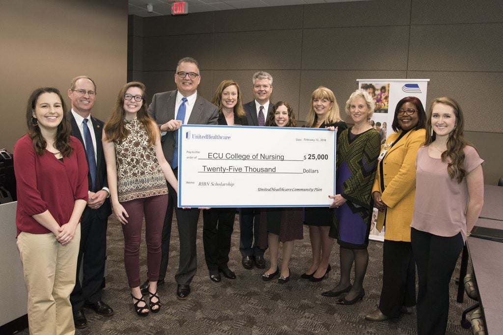 UnitedHealthcare donated $25,000 for student scholarships in the ECU College of Nursing’s Regionally Increasing Baccalaureate Nurses (RIBN) program.