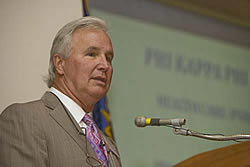 Robert Greczyn speaks during Tuesday's Phi Kappa Phi health care forum at the Brody School of Medicine at ECU. Photo by Cliff Hollis