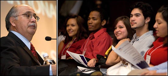 Keynote speaker Antonio Esquibel addresses ECU's first conference on Latino issues, attended by local leaders in the Latino community, ECU students, faculty and staff. Photos by Cliff Hollis.