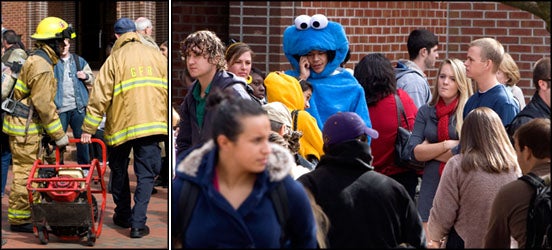 As Greenville Fire & Rescue personnel worked to clear smoke from the Bate Building, students, faculty and staff stood outside waiting for word on if they would be allowed back inside. Among those waiting was Josh Parrish, who wore a Cookie Monster costume