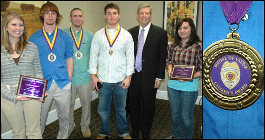 Pictured from left, Cameron Kirby, Anthony Michael Rose, Jacob Powell, Nickolas Benfield, Chancellor Steve Ballard and Chelsea Mungal.