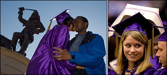 Leslie Harris kisses her husband, James, after the graduation ceremony. Rachel Jarrett, graduate of the College of Nursing, decorated her cap. Beside her is Matt Hiatt. Photos by Cliff Hollis.