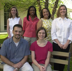 The six Schweitzer Fellows from ECU for 2003-04 are, left to right, front row, Nathan Meltzer and Mary Dawson; second row, Cameron Anderson, Cherisse Thomas, Kimberly Alexander-Bratcher and Caroline Morgan. Photo by Cliff Hollis