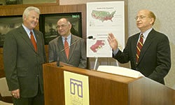 From left, ECU Interim Chancellor William Shelton, ECU professor of surgery Dr. Walter Pories and Dr. Mike Lewis, ECU vice chancellor for health sciences, announce the university's participation in a study of surgical treatments for obesity