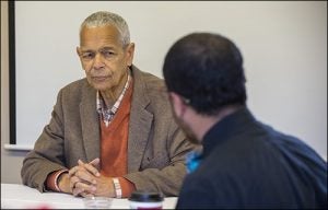 Bond presented a question-and-answer session with a small group at the Ledonia Wright Cultural Center before the lecture Tuesday evening.