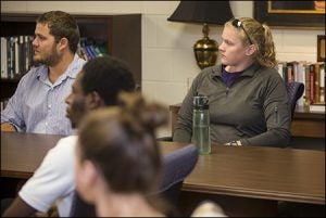 Students listen attentively to underwater explorer, film producer and environmentalist Jean-Michel Cousteau. Students from a variety of disciplines including biology, coastal resources management, maritime studies, anthropology and the Honors College were selected for the opportunity to meet with Cousteau.