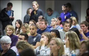 An overflow crowd gathered to listen to a panel of ECU experts as they shared their perspectives on Ebola Oct. 16.