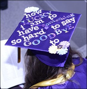 Many students expressed their emotions creatively with displays like the one above on their mortarboards.