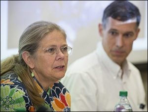 Holly Mathews, left, from the ECU Department of Anthropology and Paul Cook, Internal Medicine / Infectious Disease at Brody School of Medicine, spoke about the Ebola outbreak at the Oct. 16 event.