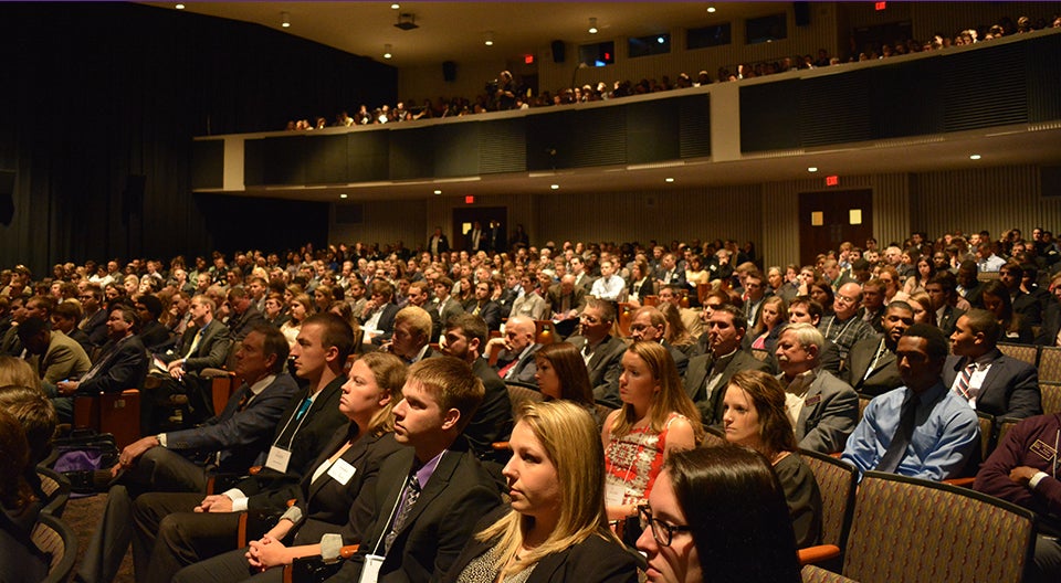 Pictured below, more than 1,000 students participate in the first Business Leadership Conference hosted by the ECU College of Business.