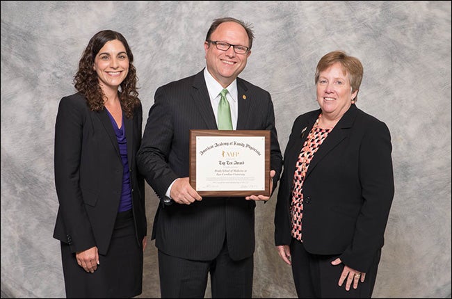 Pictured below with the award are, left to right, Dr. Susan Keen, Department of Family Medicine, Brody School of Medicine; AAFP President Dr. Robert Wergin; and Dr. Elizabeth Baxley, senior associate dean for academic affairs, Brody School of Medicine. (Contributed photo)