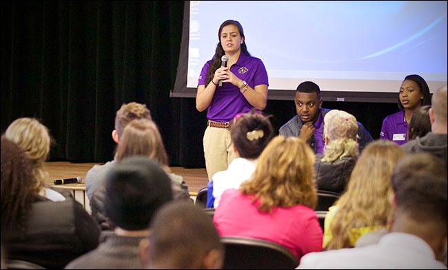 ECU students, left to right, Hunter Sullivan, Tedrick Taylor and Keisha Okeiga address questions from the audience during Admitted Student Day. (Photo by Patrick Fay)