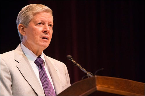 ECU Chancellor Steve Ballard addresses faculty during the university's annual faculty convocation.